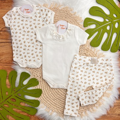 Conj. de Malha 3 peças - Gola Rendada com Laço - Off White